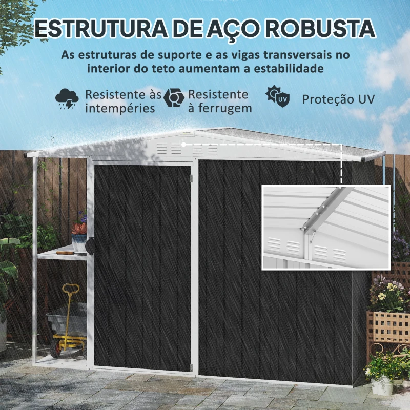 Outsunny Abrigo de Jardim 2,7m² 245x117x180 cm Abrigo de Exterior com Prateleira de 2 Níveis 4 Ventilações e Porta com Fechadura Cinzento Escuro