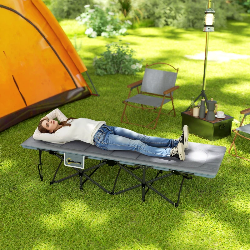 Outsunny Folding Camping Bed for Adults with Cushion, Heavy Duty Portable Travel Camping Cot with Headrest, Side Pocket and Non-Slip Foot Pads for Outdoor Beach Travel Office, Grey