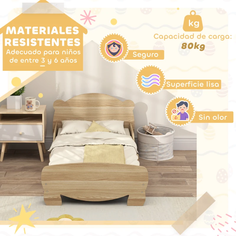 AIYAPLAY Cama Infantil de Madera con Barandillas y Diseño de Oso Estructura Baja para Niños de 3-6 Años 143,5x80x55 cm Natural