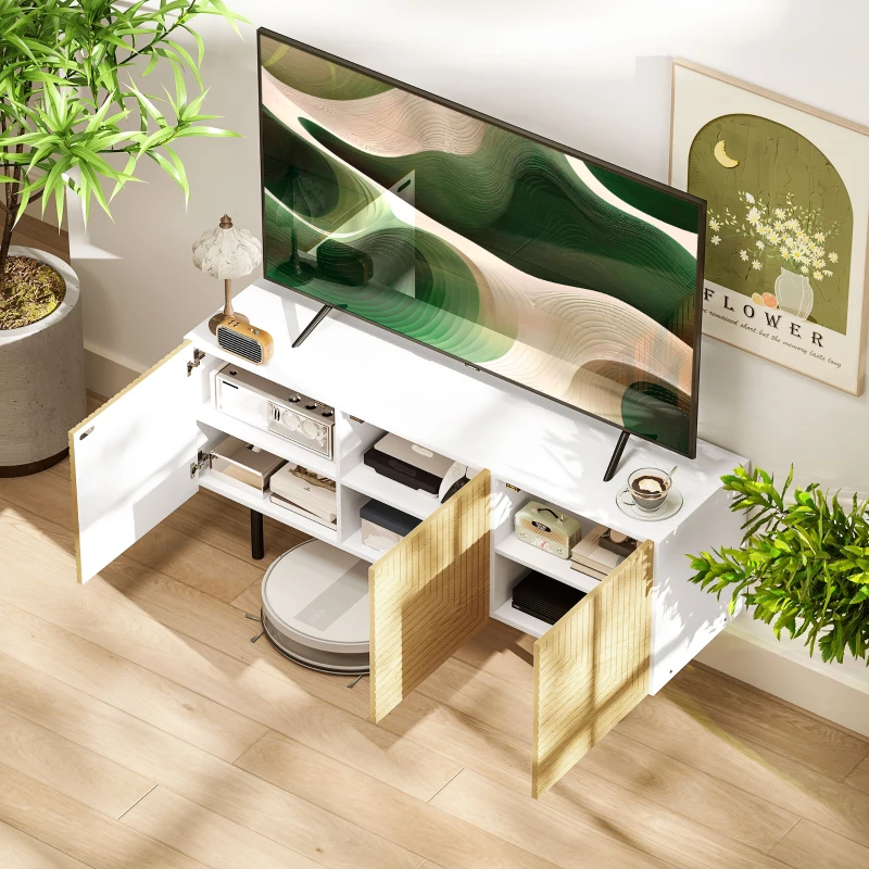 HOMCOM Meuble TV pour jusqu'à 65 pouces avec placards à porte cannelée et passe-câbles pour salon, chambre, effet bois naturel