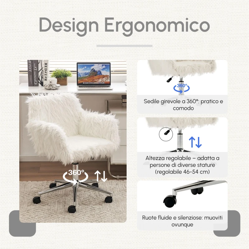 Sedia Girevole da Ufficio Ergonomica per Trucco o Studio con Altezza Regolabile, Sedia da scrivania in Metallo,Bianco