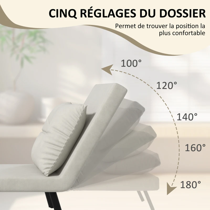 HOMCOM Fauteuil convertible 4 en 1 lit 1 place dossier 5 positions, accoudoirs en bois et coussin, tissu effet velours, crème