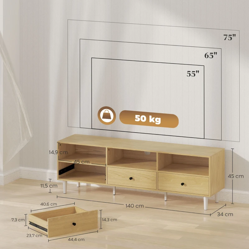 HOMCOM Meuble TV pour jusqu'à 75" avec 3 tiroirs, 3 étagères ouvertes et passe-câbles, 140 x 34 x 45 cm, bois naturel