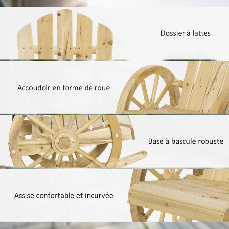 Outsunny Fauteuil de Jardin Adirondack à Bascule Rocking Chair Style Rustique Chic accoudoirs Roues Charette Bois Sapin Naturel