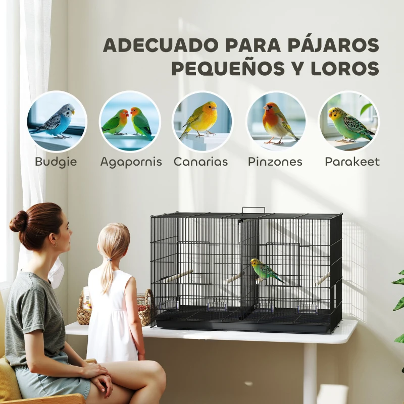PawHut Jaula para Pájaros con Divisor 4 Comederos 4 Perchas Bandeja Extraíble para Loros Canarios Periquitos 94x57x57 cm Negro