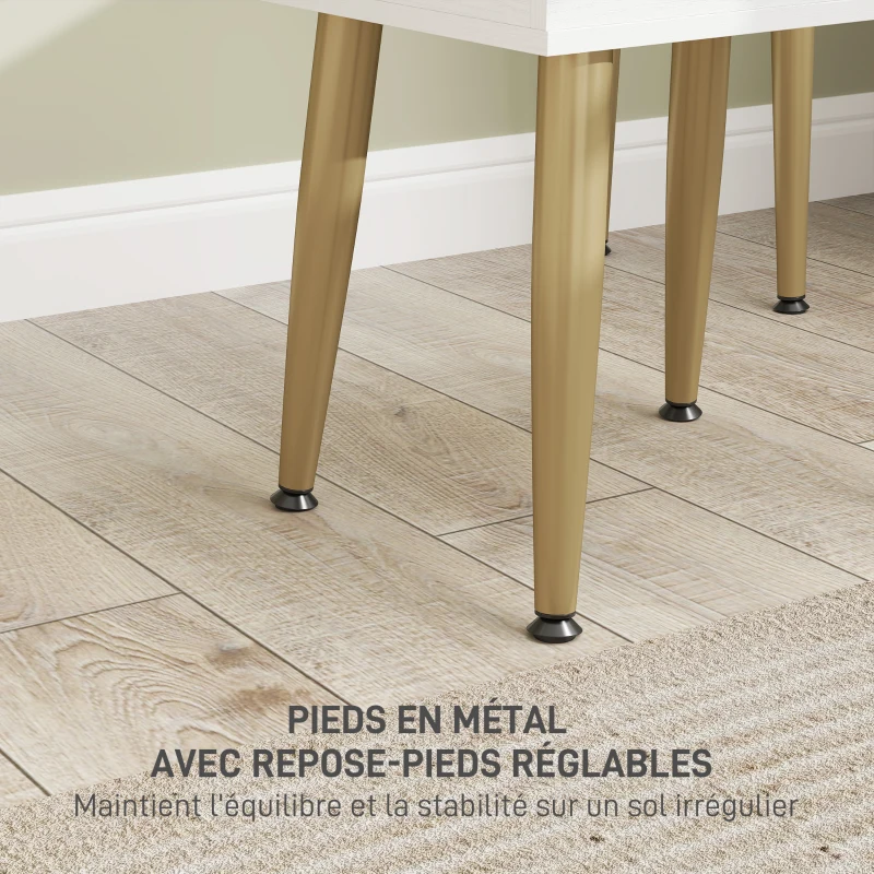 HOMCOM Coiffeuse avec miroir et tabouret avec 3 tiroirs et pieds en métal, plateau en verre trempé, blanc