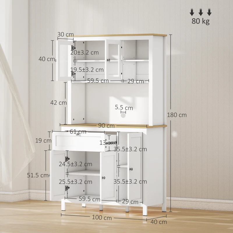 HOMCOM Bufet de Bucătărie cu Sertare, Rafturi Deschise și Rafturi Reglabile din Lemn MDF, 100x40x180 cm, Alb(m-3)