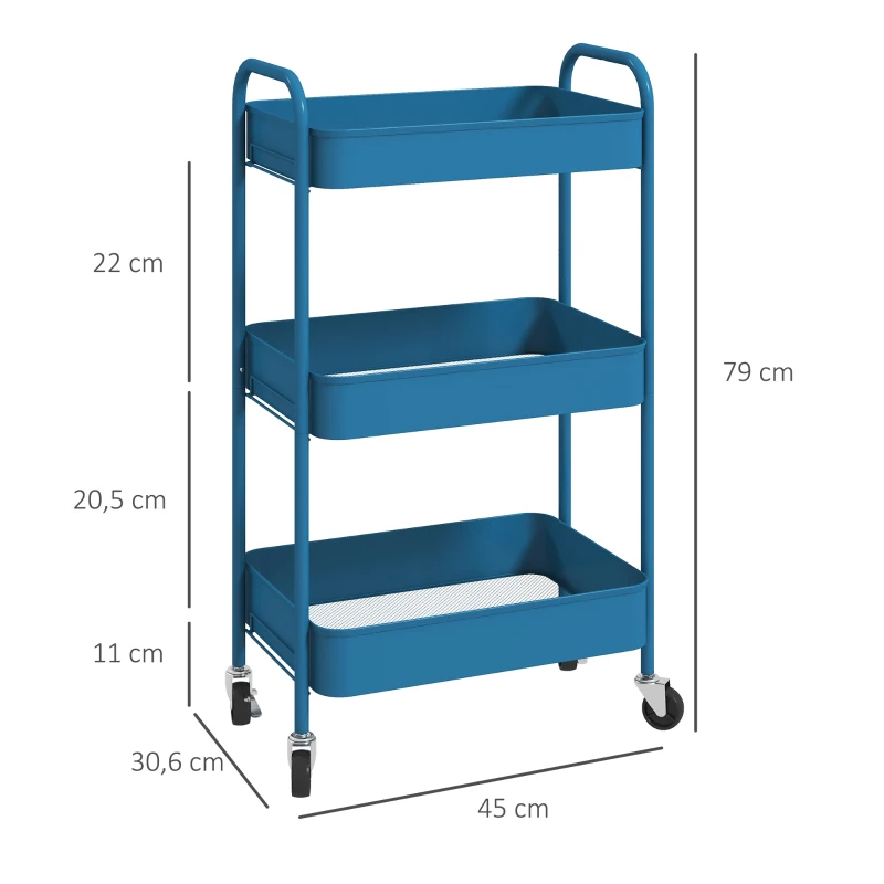 HOMCOM Desserte chariot de rangement en acier chariot de service à roulettes 3 plateaux ajourés 45 x 30,6 x 79 cm bleu foncé