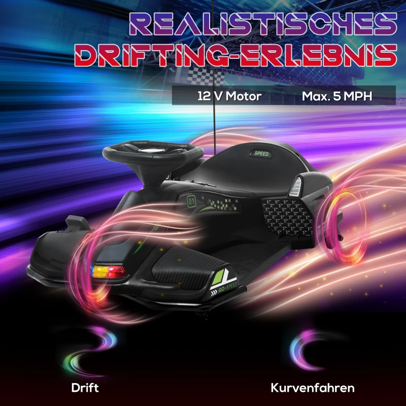 HOMCOM Elektrisches Go-Kart für Kinder, Gummiräder, 3-8 km/h, mit Lichtern und Musikfunktion, Schwarz(m-4)