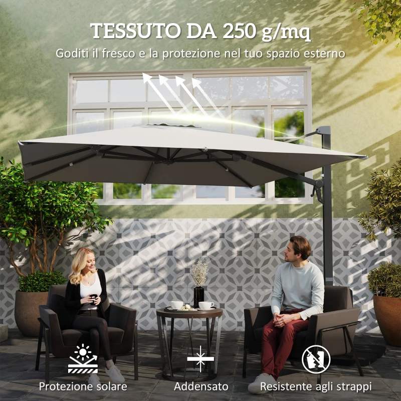 Outsunny Ombrellone a Sbalzo con Manovella e Base a Croce, in Poliestere, Alluminio e Metallo, 365x297x256 cm, Grigio Chiaro