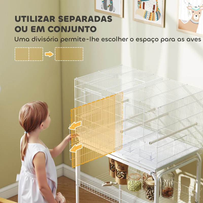 PawHut Gaiola para Pássaros com Divisória Rodas Gaiola para Aves com Comedouros Poleiros e Bandeja Removível 76x46x116 cm Branco