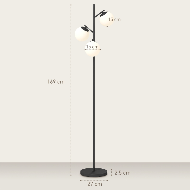 HOMCOM Lampadaire sur pied salon en métal avec 3 abat-jours globe blanc verre dépoli 40W Ø 27 x 169 cm noir