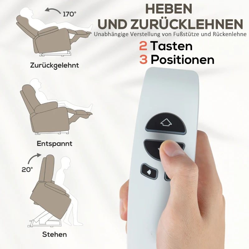 HOMCOM Massagesessel mit Aufstehfunktion, 8 Vibrationsmassagepunkte, Elektrischer Polstersessel mit 2 Fernbedienungen Hellbraun(m-4)