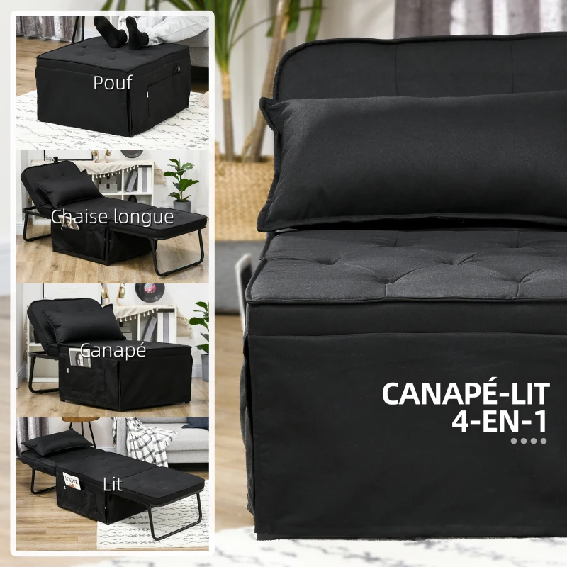 HOMCOM Fauteuil chauffeuse convertible 4 en 1 dossier inclinable 5 position avec coussin 180 x 64 x 40 cm noir
