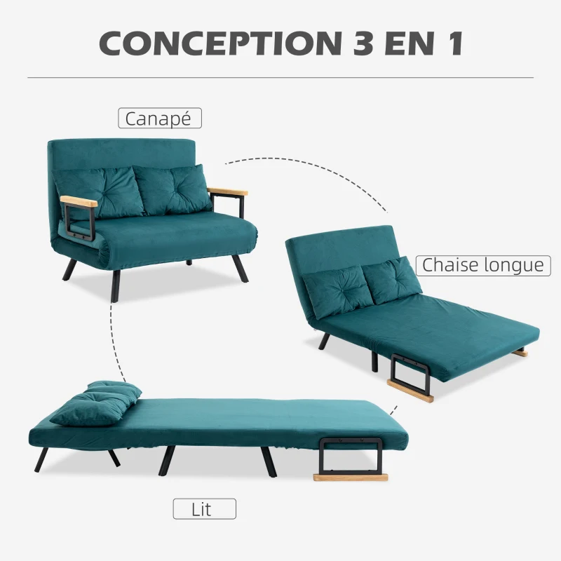 HOMCOM Canapé convertible 2 places avec dossier réglable à 5 niveaux et 2 coussins rembourrés, revêtement effet velours, bleu