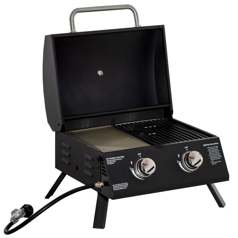 Outsunny Barbecue a Gás Dobrável com 2 Queimadores Churrasqueira à Gás Portátil com Termómetro para Campismo Piquenique ao Ar Livre Jardim 55x46,5x41cm Preto