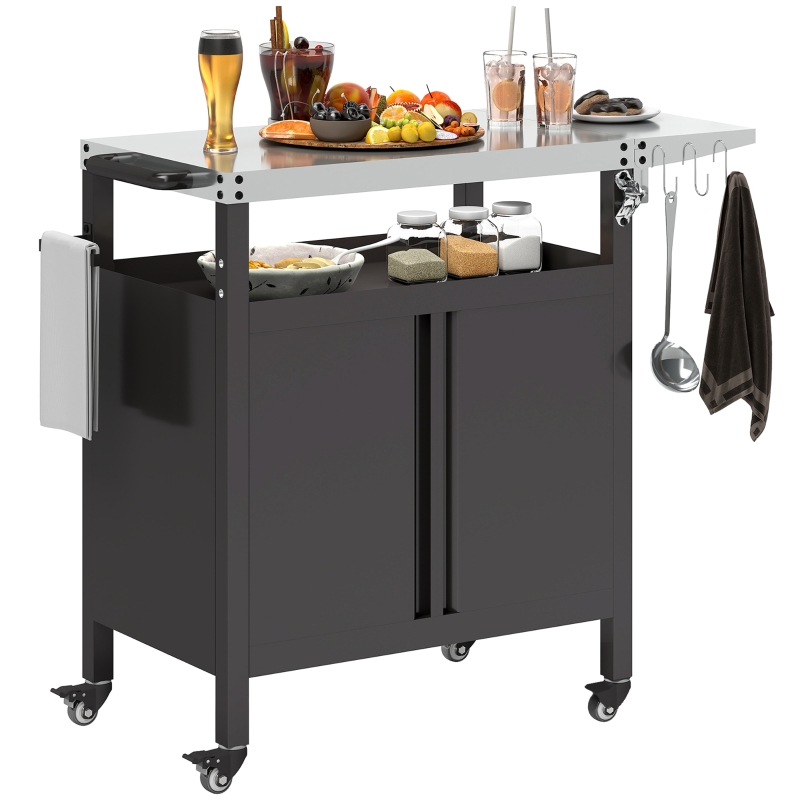 Outsunny Cărucior pentru Barbecue cu Dulap, Raft Deschis și Masă Laterală, din Oțel Inoxidabil, 116x50x93 cm, Negru