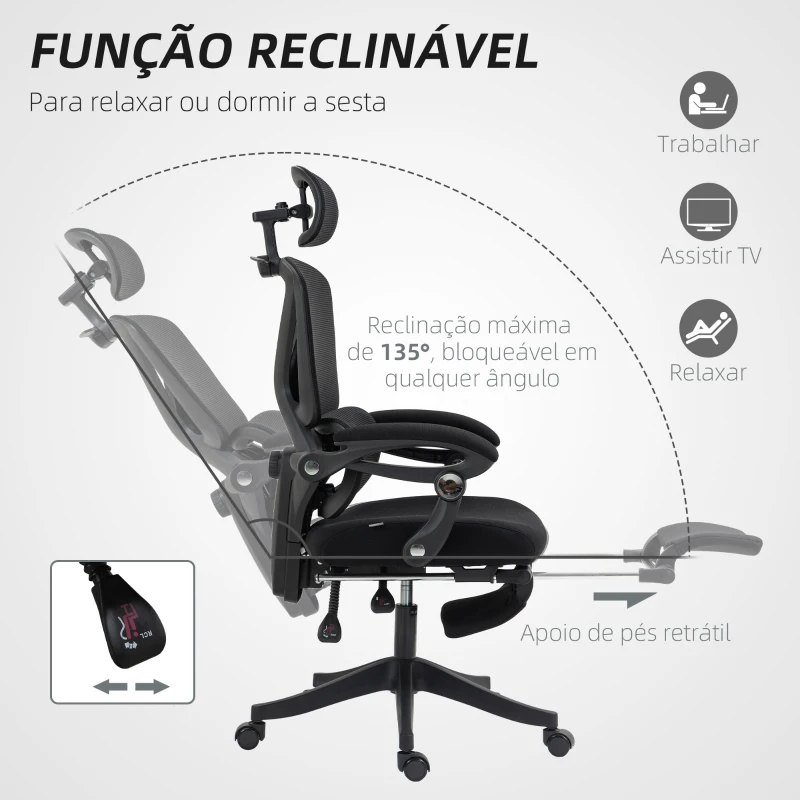 HOMCOM Cadeira de Escritório de Malha com Apoio para a Cabeça Suporte Lombar Apoio para os Pés Função de Inclinação 71x70x109-119 cm Preto