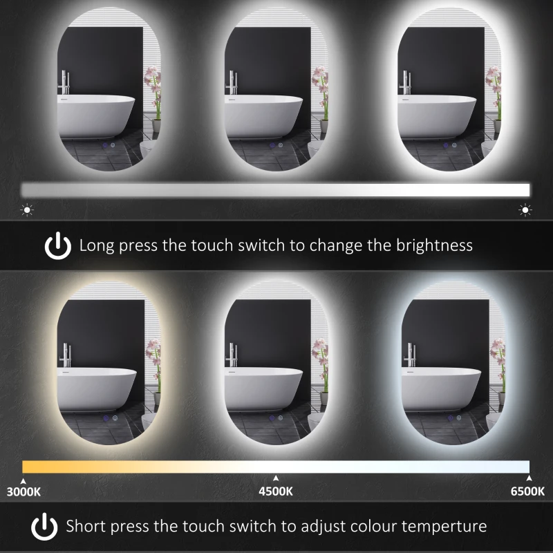kleankin Oglindă de Perete cu Lumină LED în 3 Culori și Funcție Anti-Aburire, 81x51x4.5 cm, Transparent
