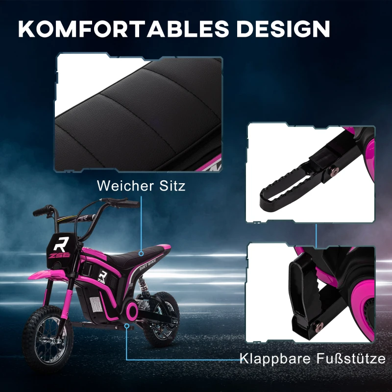 HOMCOM Kinderelektrische Motor, 24V Motorfiets met Claxon en Verlichting, Draaigashefboom, 8-16 km/u, 8-12 Jaar, Roze(m-9)