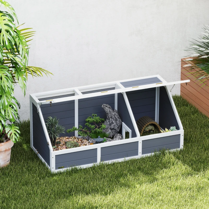 PawHut Maison enclos cage pour petit animal tortue en bois avec couvercle ouvrable, loquets, 2 espaces distincts, gris