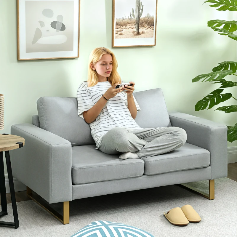 HOMCOM 2-Sitzer-Sofa, Couch mit Vollholzrahmen, Metallbeine, schlichtes Design, Hellgrau(m-2)