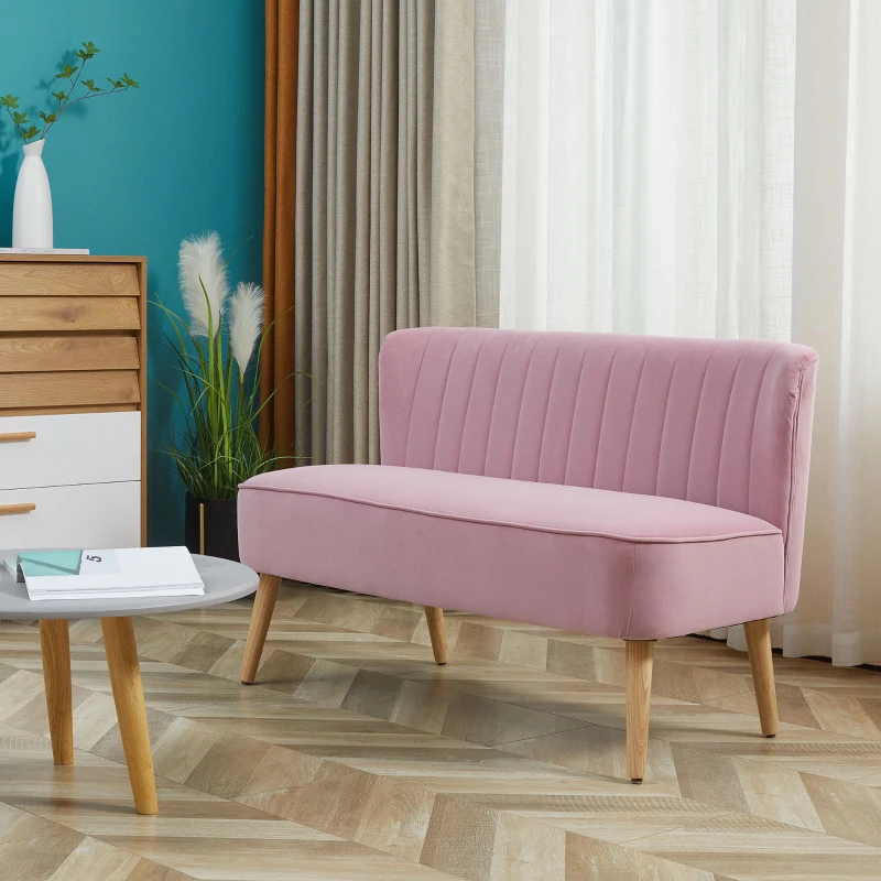 HOMCOM Sofa Retrodesign 2-zitsbank, houten poten, 117 cm x 56,5 cm x 77 cm, Roze(m-3)