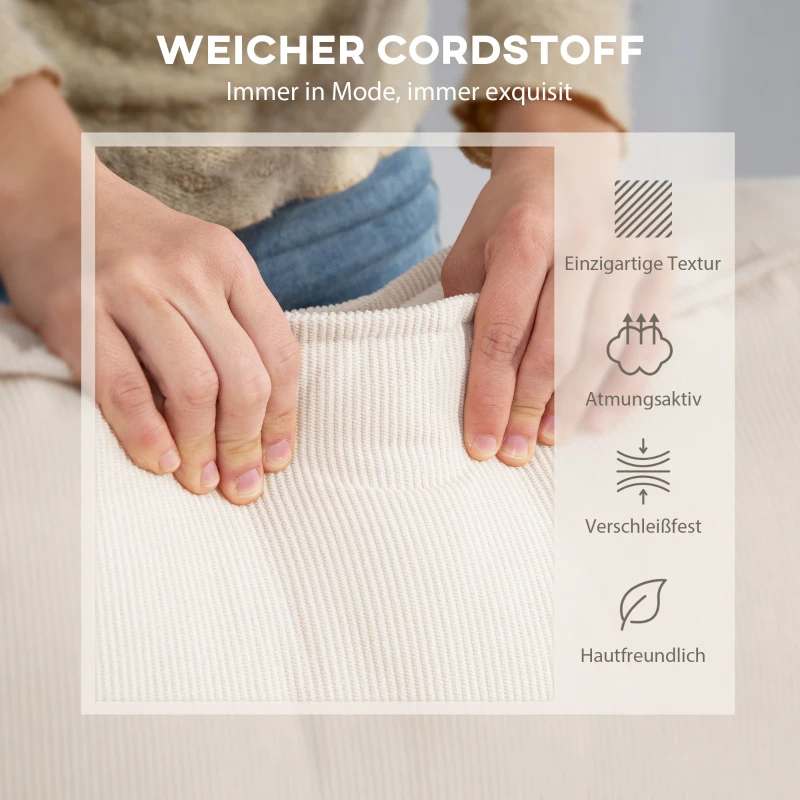 HOMCOM 3-Zitsbank met Chaise Longue, Woonkamerbank met Corduroy Bekleding, 2 Extra Kussens, Gestoffeerde Bank, Crèmewit(m-7)