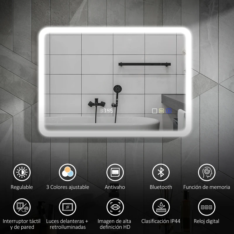 HOMCOM Espejo de Baño con Luz LED 70x50 cm con Bluetooth 3 Colores de Luz Reloj Digital Función Antivaho Función de Memoria