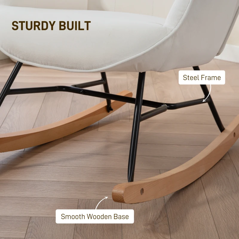 HOMCOM Rocking Chair, Modern Upholstered Velvet Armchair with Solid Wood Legs and Metal Frame for Living Room, Bedroom, Cream