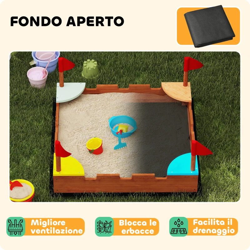 AIYAPLAY Sabbiera per Bambini 3-7 Anni a Forma di Castello con 4 Sedute in Legno di Abete, 90x90x17 cm, Multicolore