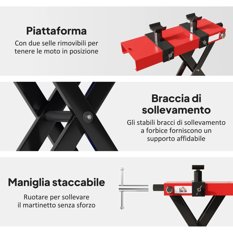 HOMCOM Cavalletto Alzamoto in Acciaio Capacità 500kg, Pieghevole con Altezza Regolabile e Manovella, Rosso