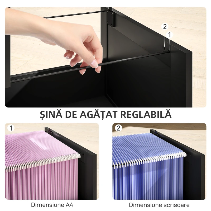HOMCOM Comodă pentru Documente cu 4 Sertare, Șină Reglabilă, 2 Chei și 2 Încuietori, 40x40x131 cm, Negru