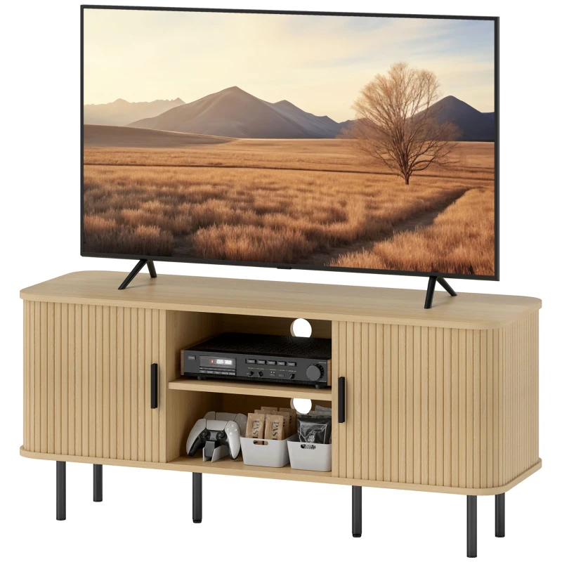HOMCOM Mesa de TV con 2 Puertas Correderas Tipo Persiana 2 Estantes Abiertos para Televisores de 55 Pulgadas 120x40x55 cm Roble