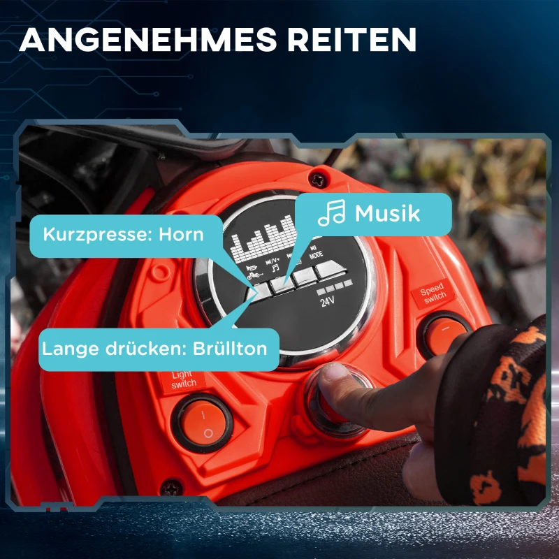 HOMCOM Elektro-Motorrad für Kinder, 24V Kindermotorrad mit Hupe, Leuchte, mit Drehgriff-Gashebel, 8-16 km/h, 8-12 Jahre, Rot(m-7)