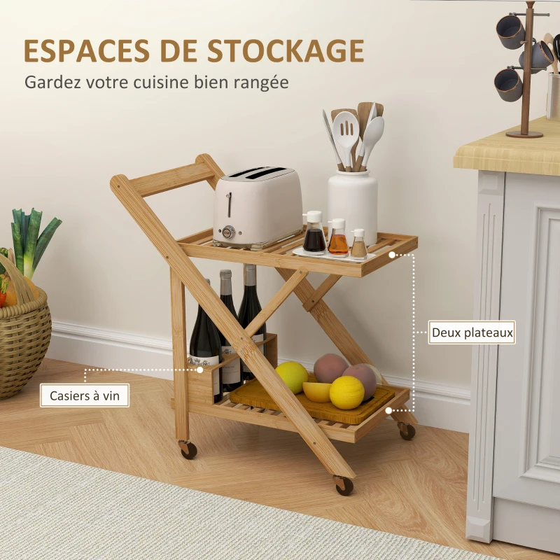HOMCOM Desserte de cuisine en bambou chariot de service pliable 2 plateaux 4 roues 3 casiers à vin 66 x 40 x 70 cm bois naturel