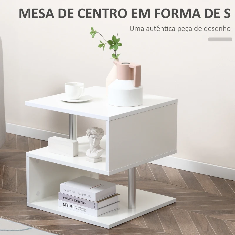 HOMCOM Mesa de Apoio com Forma de S Compartimentos Abertos 2 Níveis Desenho Elegante 50x50x50cm Branco