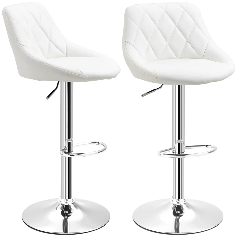 HOMCOM Set 2 Sgabelli da Bar, Altezza Regolabile con Base in Metallo e Seduta in Pelle PU, Sgabelli Moderni con Schienale e Poggiapiedi, 46x48x83-104cm, Bianco