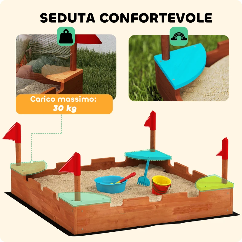 AIYAPLAY Sabbiera per Bambini 3-7 Anni a Forma di Castello con 4 Sedute in Legno di Abete, 90x90x17 cm, Multicolore