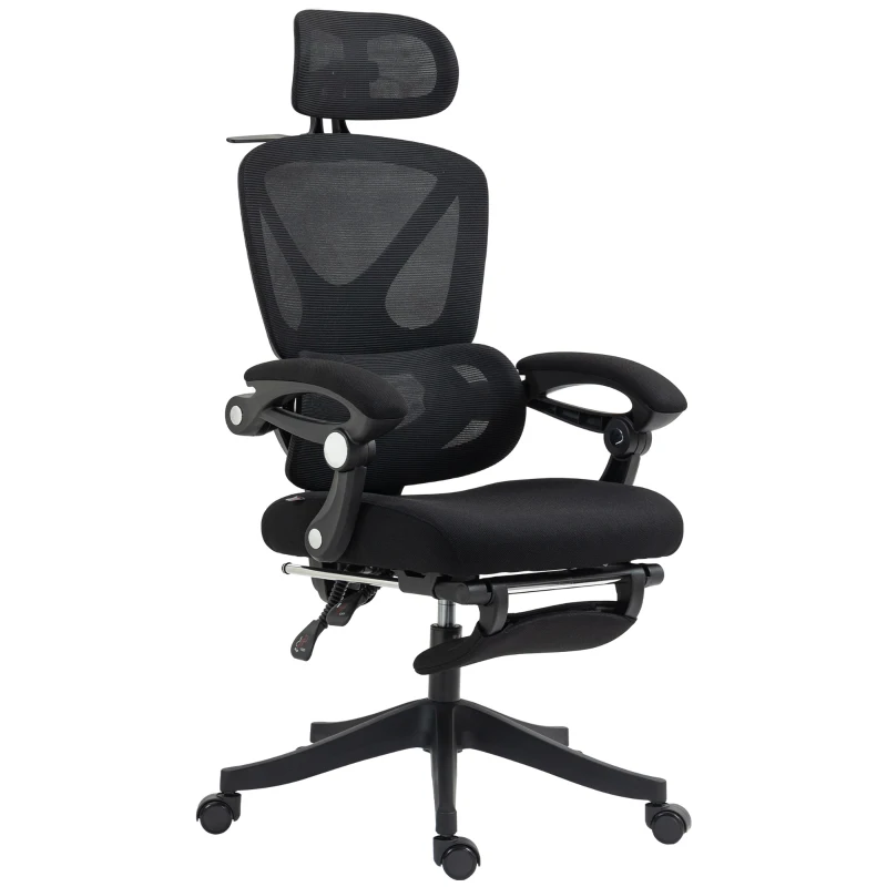 HOMCOM Cadeira de Escritório de Malha com Apoio para a Cabeça Suporte Lombar Apoio para os Pés Função de Inclinação 71x70x109-119 cm Preto