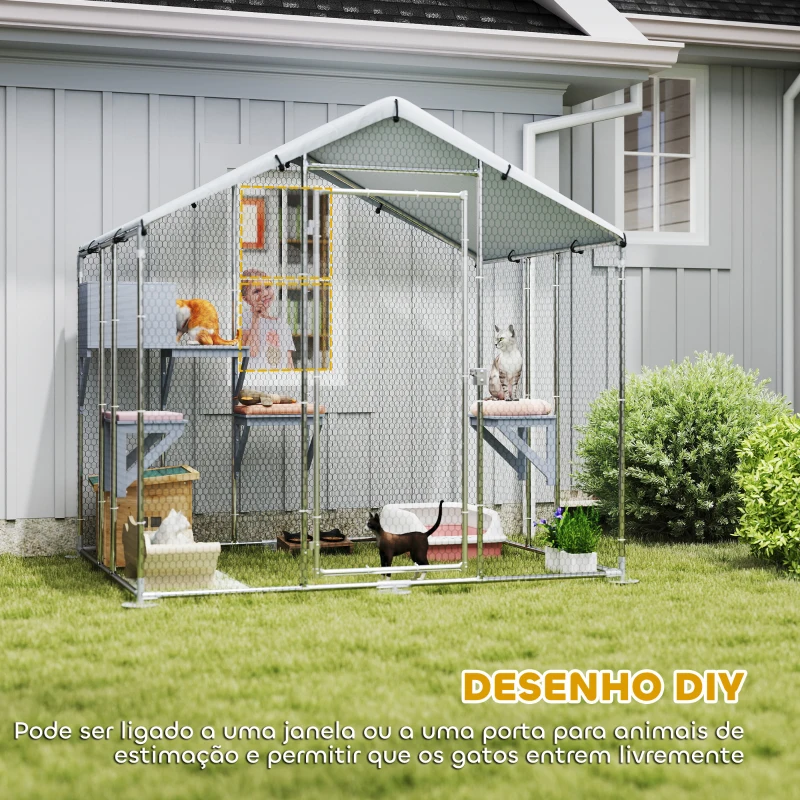 PawHut Gaiola para Gatos de Exterior Recinto para Gatos com Cobertura Impermeável 420D Plataformas para 5 Gatos 200x170x195 cm Prata