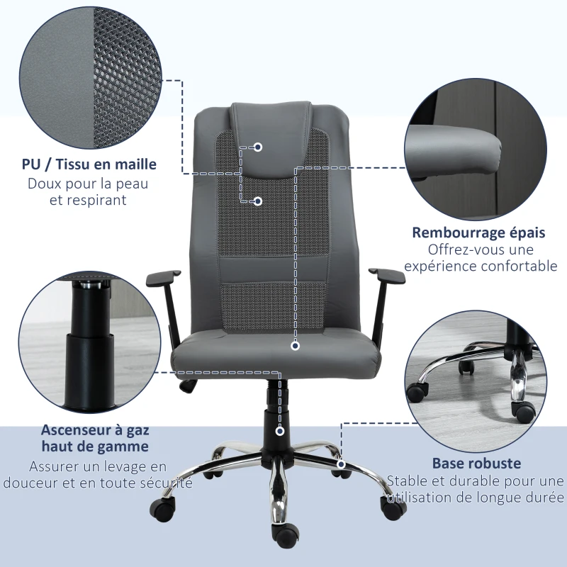 Vinsetto Chaise de Bureau Ergonomique Fauteuil de Bureau pivotant, hauteur réglable, Dossier en maille respirante, revêtement en Nylon synthétique Gris