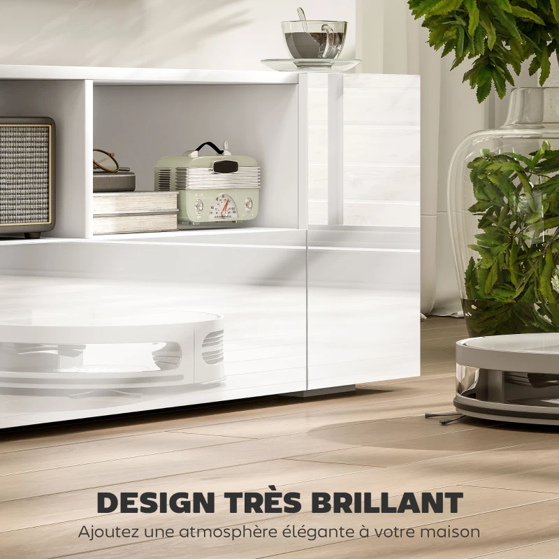 HOMCOM Meuble TV, banc TV, meuble de télévision, jusqu'à 60 pouces, avec lumières LED, 2 étagères et placards, panneau de porte brillant, 137 x 35 x 42 cm, blanc