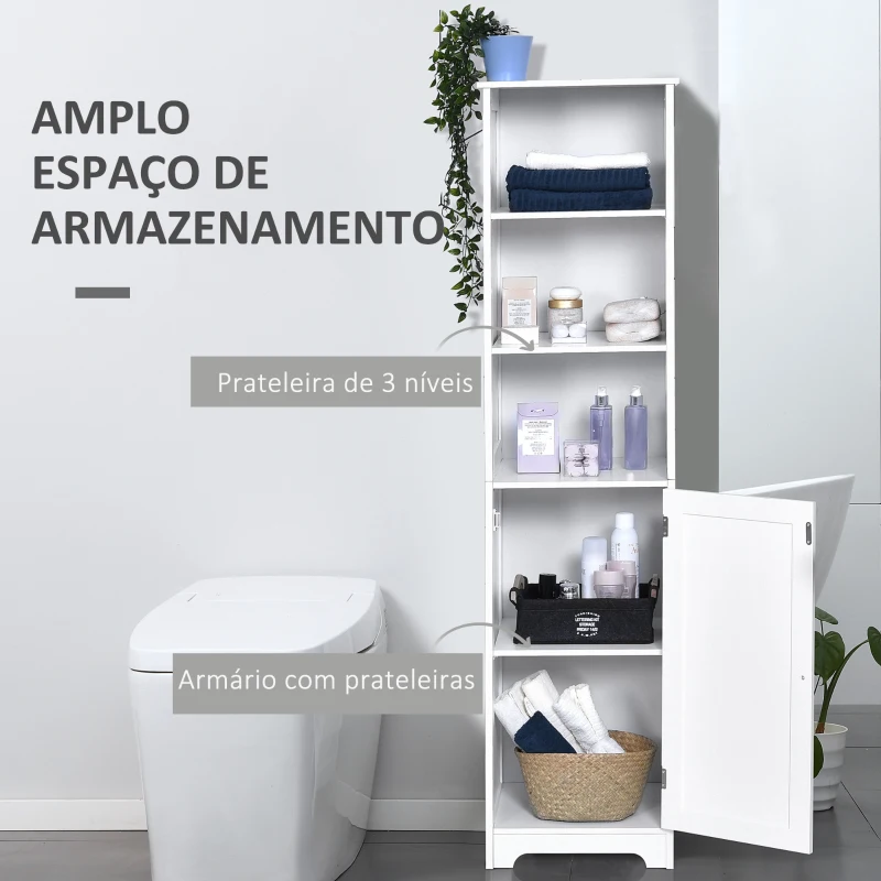 kleankin Armário de banheiro branco 5 níveis Prateleiras Coluna do banheiro com 3 prateleiras 1 porta de MDF  e resistente à água 40x38x160cm