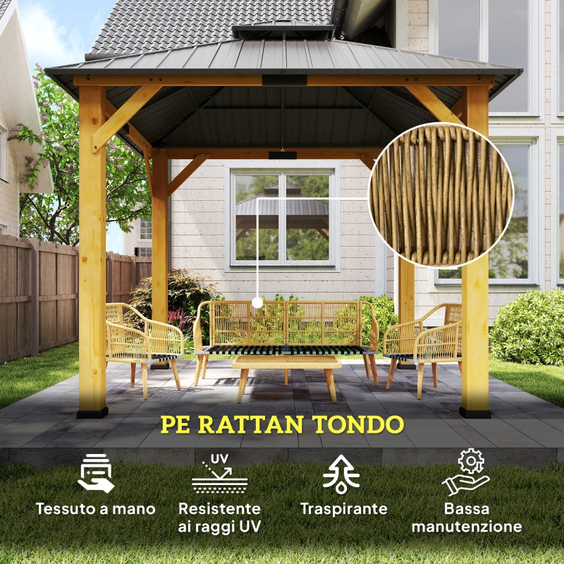 Outsunny Set da Giardino 4 Pezzi con Divano 3 Posti, 2 Poltrone e Tavolino Basso in Rattan PE e Acciaio Multicolore