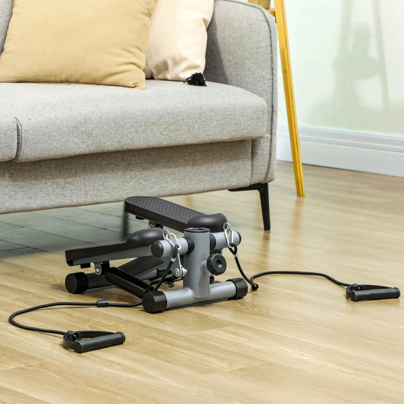 SPORTNOW Mini Stepper Compacto para Hacer Ejercicio en Casa con Bandas de Resistencia Monitor LCD Pedales Antideslizantes Gris