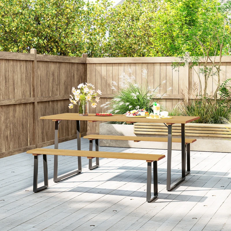 Outsunny Sitzgruppe 3-teilig Holz Essgruppe für 6 Personen Esstisch mit 2 Bänke Schirmloch Holztisch 178 x 76 x 77 cm Naturholz