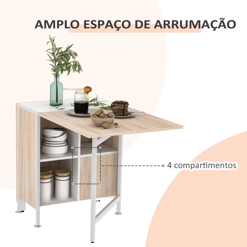 HOMCOM Mesa Dobrável de Arrumação 4 Prateleiras para Sala de Jantar Sala de Estar Mesa Auxiliar de Madeira 169x62x75 cm Carvalho e Branco