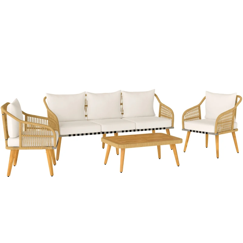 Outsunny Conjunto de Jardim em Vime com Almofadas Móveis de Exterior com 2 Poltronas Sofá de 3 Lugares Mesa Creme e Madeira