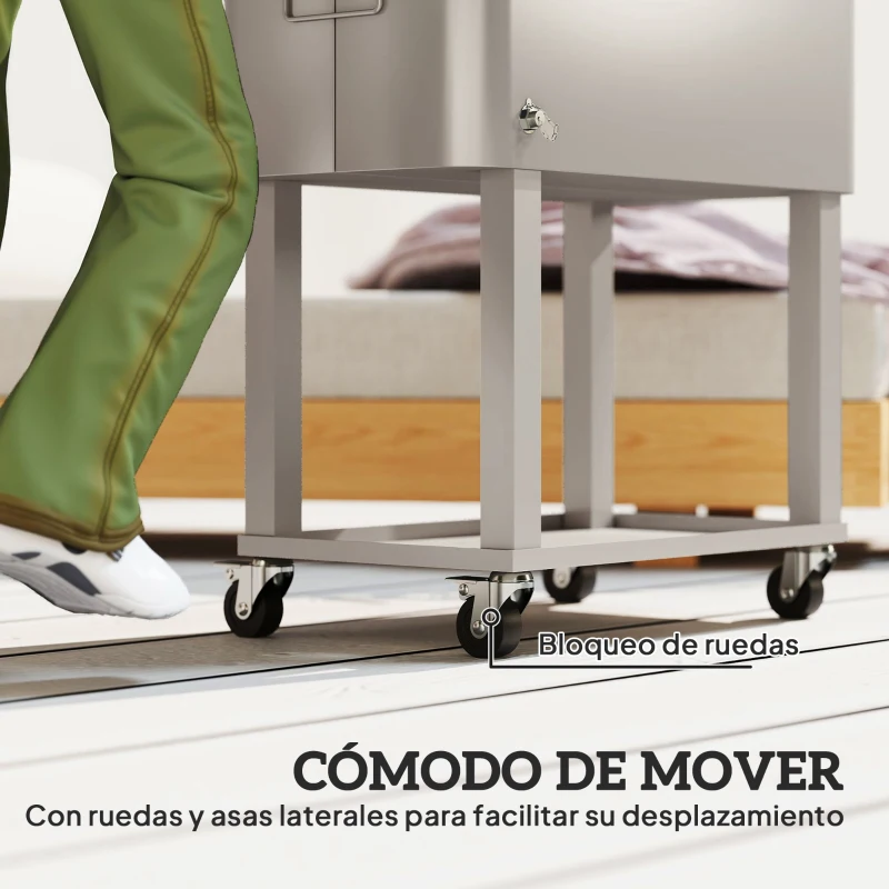 Outsunny Carro Nevera con Ruedas Abrebotellas y Estante 56L para Patio Fiesta Terraza 67x35x80 cm Gris Claro